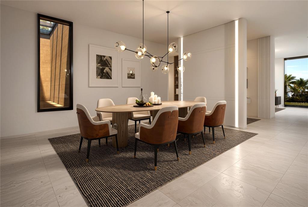 This rendering shows a modern dining room with an oval table, chairs, and pendant lighting — 35 D UNIT 9, GUAYNABO, PR