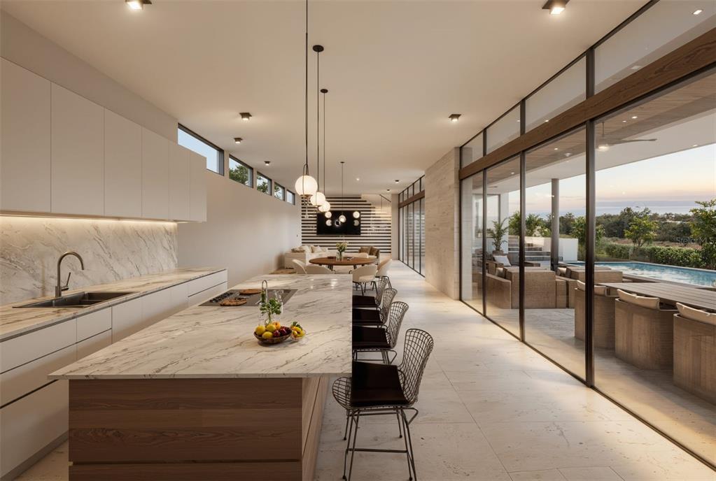 This rendering shows a modern kitchen with a marble island, wood cabinetry, and glass walls — 35 D UNIT 9, GUAYNABO, PR