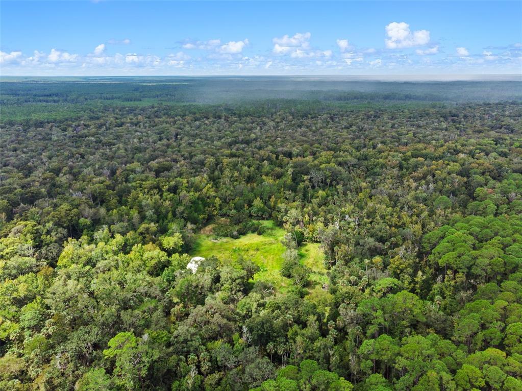 An aerial view shows a small white structure situated in a clearing surrounded by dense forest — NFS 73 / ALCO ROAD, ASTOR, FL