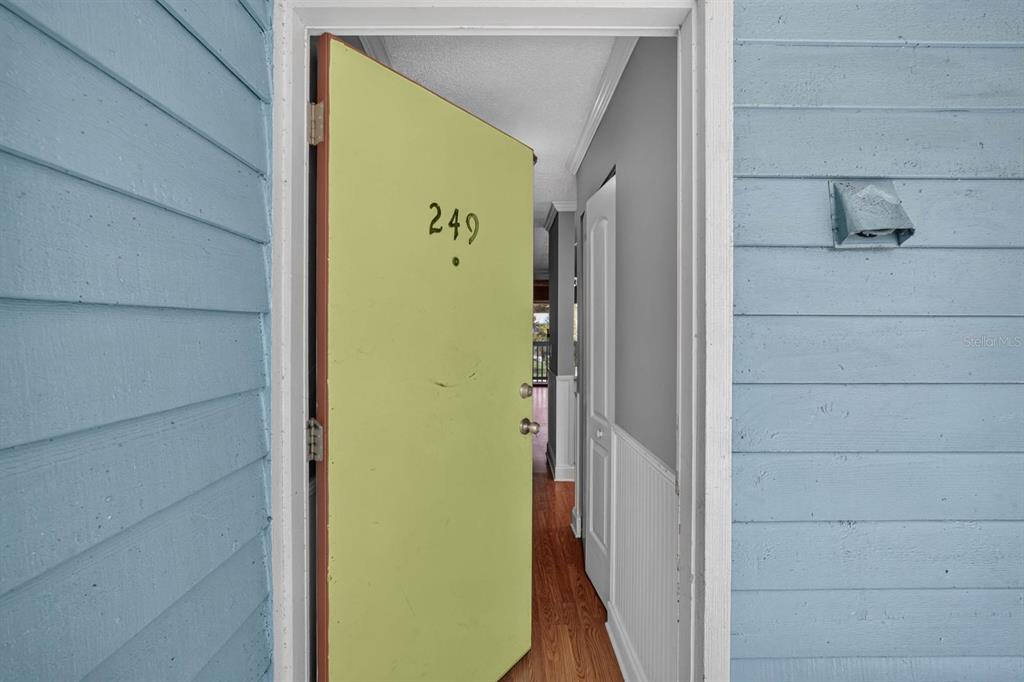 A light green door labeled 249 opens into a hallway with wood flooring — 650 W POPE ROAD UNIT 249, ST AUGUSTINE BEACH, FL