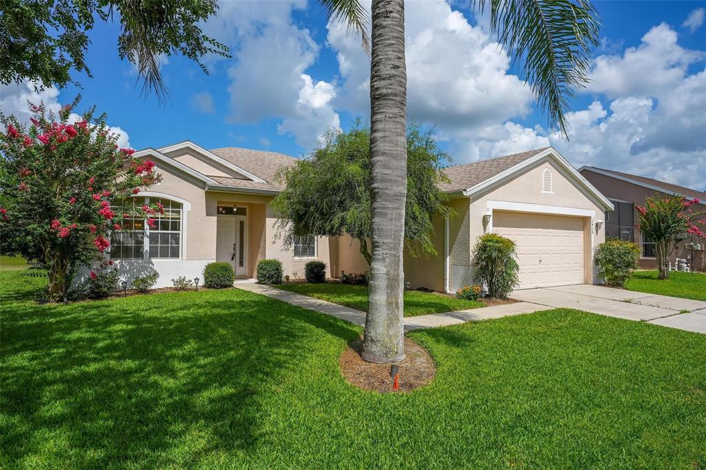 A single-story suburban house with a tan stucco exterior, a two-car garage, and a palm tree — 2428 WALNUT HEIGHTS ROAD, APOPKA, FL