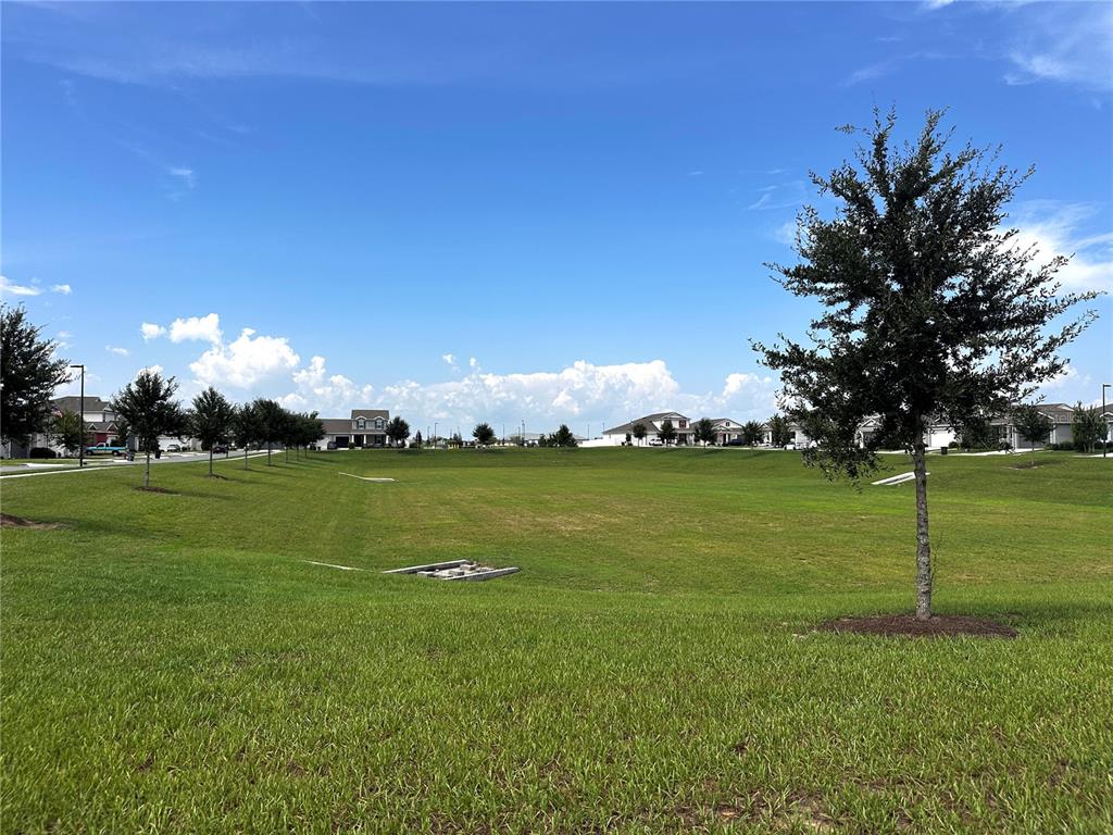 A large, grassy retention area is surrounded by suburban houses under a blue sky — 7580 SW 63RD LANE ROAD, OCALA, FL