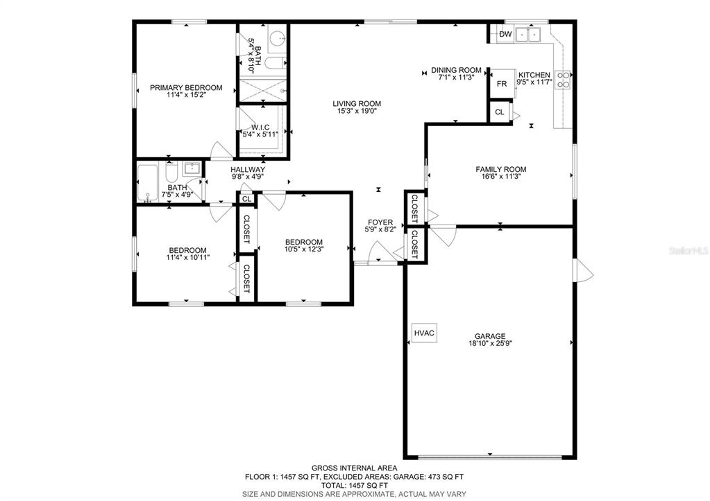 This is a floor plan of a three-bedroom, two-bathroom house with an attached garage — 1622 DALE CIRCLE S, DUNEDIN, FL