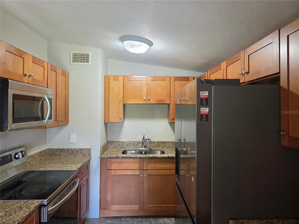A kitchen features wood cabinets, granite countertops, stainless steel appliances, and a double-basin sink — 916 E 123RD AVENUE, TAMPA, FL