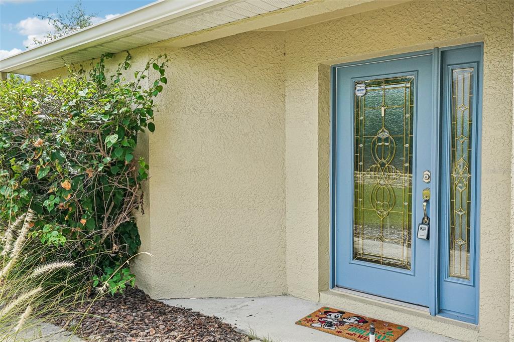 A light blue front door with a glass insert sits beside a large green bush — 11455 INMAN COURT, SPRING HILL, FL