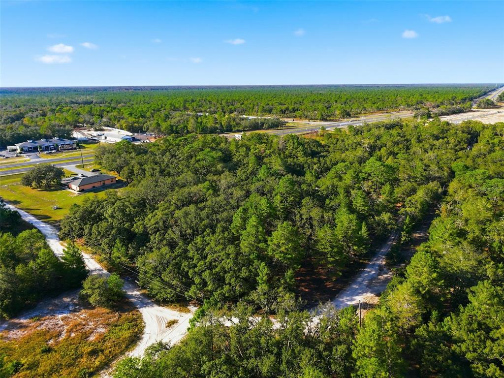 An aerial view shows a densely wooded lot with a dirt road in the foreground — 11254 COMMERCIAL WAY, WEEKI WACHEE, FL