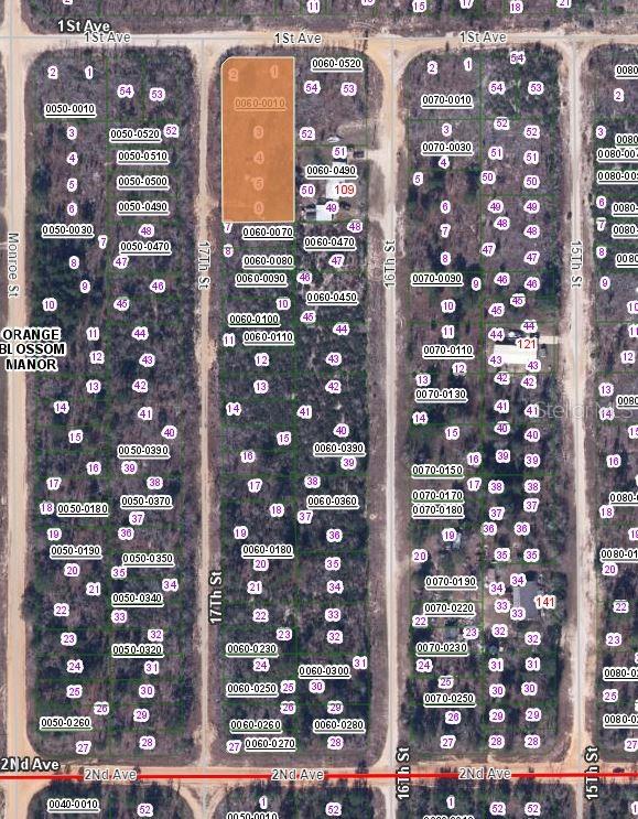 This is a map showing a highlighted rectangular land parcel located between 17th Street and 16th Street — 00 CORNER 17TH AND 1ST CORNER, INTERLACHEN, FL