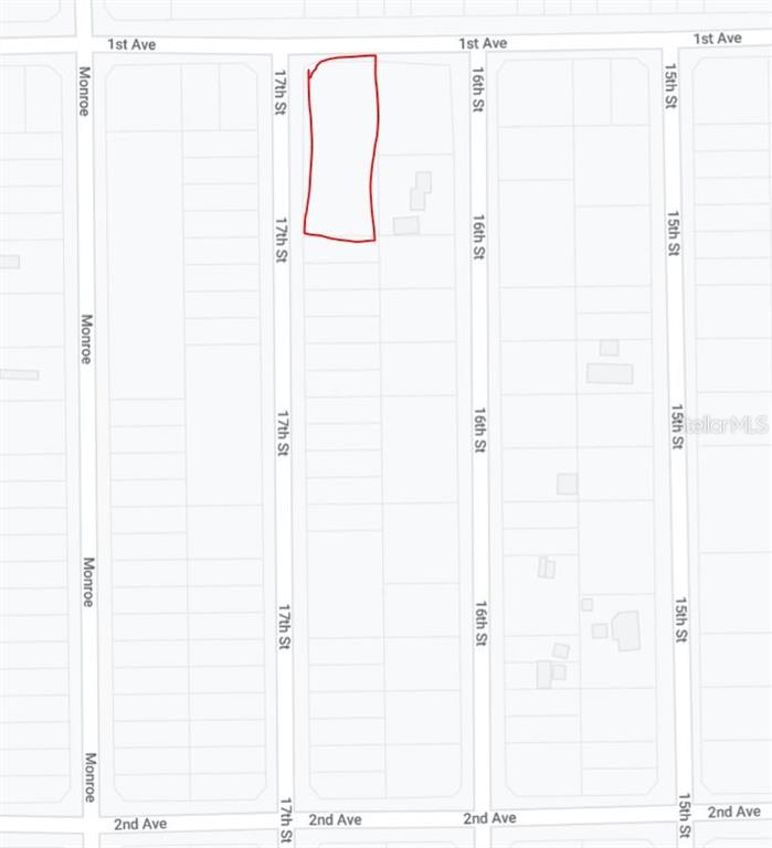 This is a map showing a rectangular parcel of land highlighted in red — 00 CORNER 17TH AND 1ST CORNER, INTERLACHEN, FL