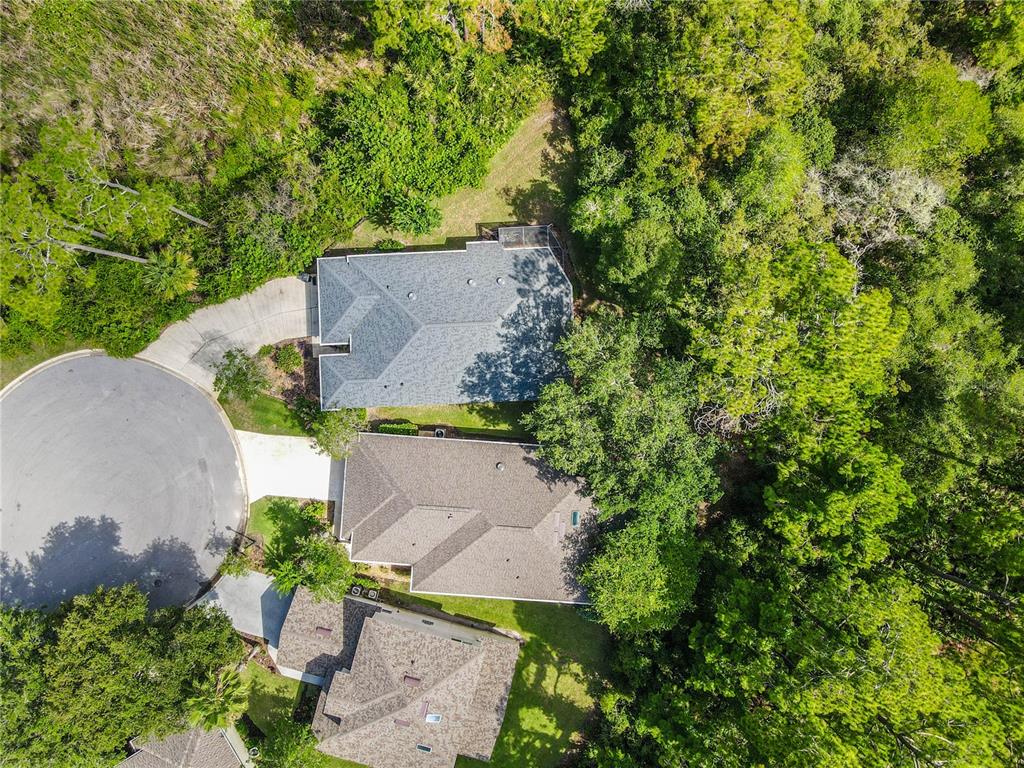 An aerial view shows three suburban houses with driveways situated along a curved residential street — 44 CROSSTIE COURT, PALM COAST, FL