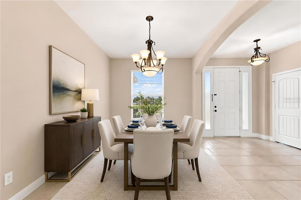 A dining room features a wooden table, upholstered chairs, a sideboard, and a chandelier — 1451 DAYSTAR LANE, DELTONA, FL