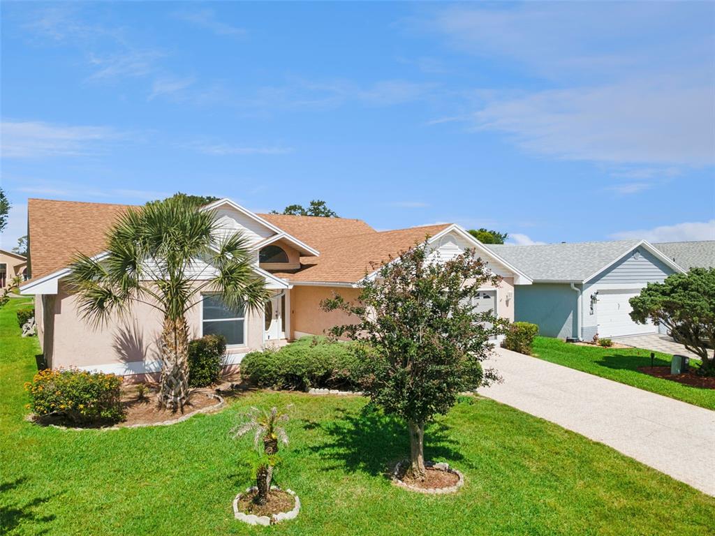 A single-story suburban house with a tan stucco exterior, brown shingle roof, and palm tree — 6232 EGRET DRIVE, LAKELAND, FL