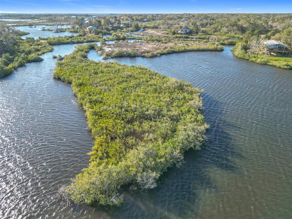 An aerial view shows a dense mangrove island surrounded by a winding waterway and marshland — 14101 W ST MARTINS ROAD, CRYSTAL RIVER, FL