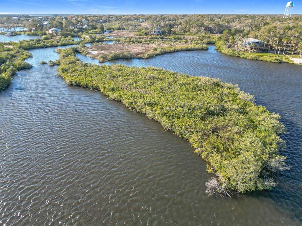 An aerial view shows a dense mangrove island surrounded by a winding tidal waterway — 14101 W ST MARTINS ROAD, CRYSTAL RIVER, FL