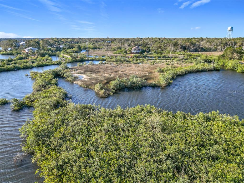 An aerial view shows a coastal landscape with winding waterways, marshland, and a small house — 14101 W ST MARTINS ROAD, CRYSTAL RIVER, FL