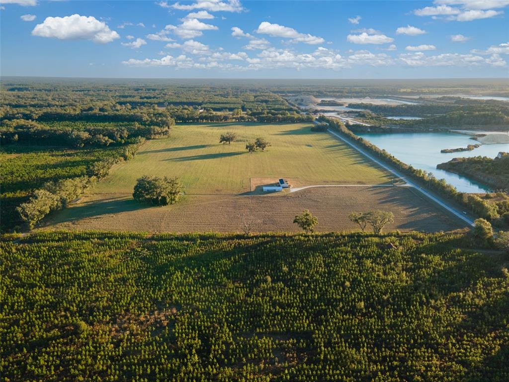 An aerial view shows a large grassy field, rows of trees, and a small pond — 3789 NW 202ND STREET, NEWBERRY, FL