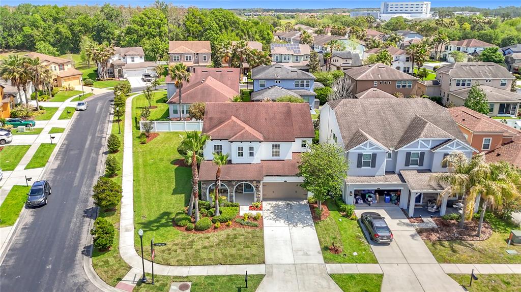 An aerial view of a two-story suburban house with a stone facade and palm trees — 27387 CAYENNE LANE, WESLEY CHAPEL, FL