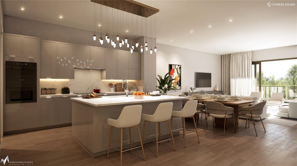 This rendering shows a modern open-concept kitchen and dining area with a marble island — 10009 CRISBERT CT ROAD UNIT 308D, ORLANDO, FL