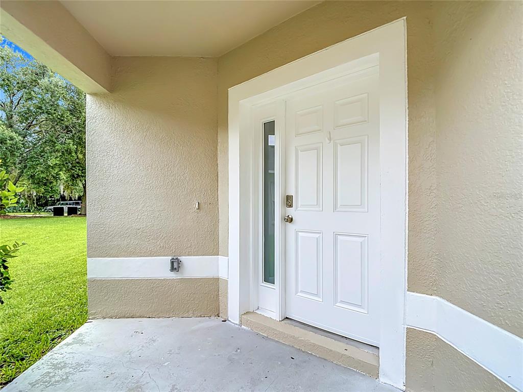 A white front door with a side window is set into a beige stucco wall — 25956 TERRAWOOD LOOP, LAND O LAKES, FL