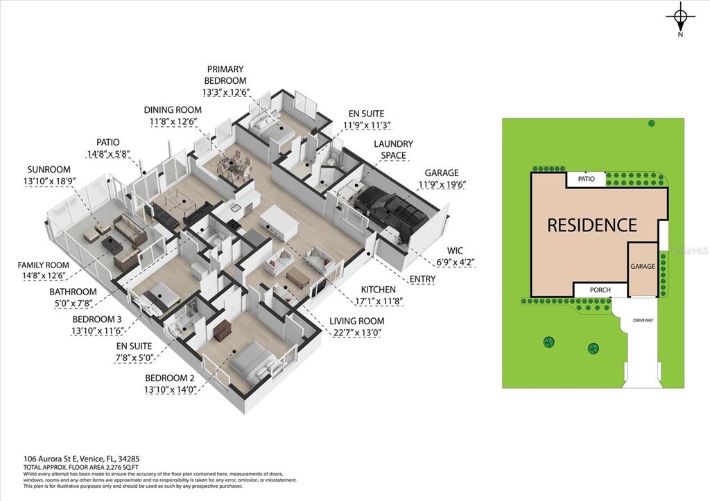 This floor plan rendering shows a three-bedroom house layout with a garage and rear patio — 106 AURORA STREET E, VENICE, FL