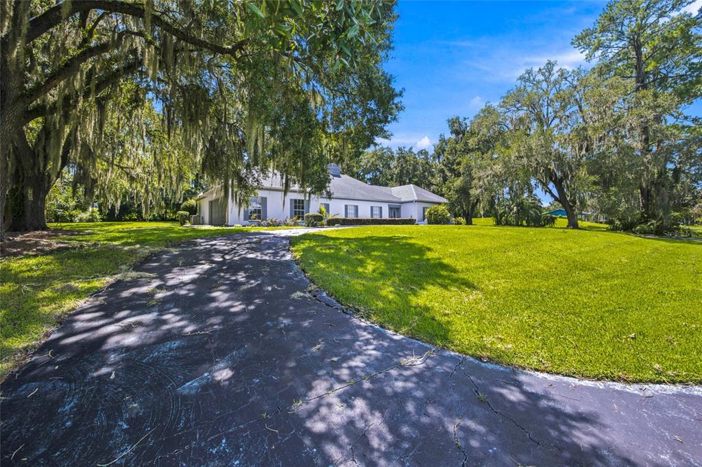 A single-story white house sits at the end of a curved asphalt driveway under trees — 7860 NW 56TH PLACE, OCALA, FL