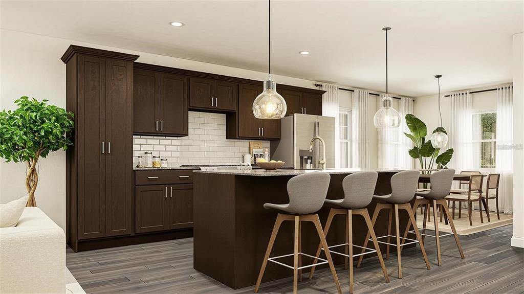 This rendering shows a modern kitchen with dark wood cabinets, a large island, and bar seating — 1331 WATER OAK ROAD, BUNNELL, FL