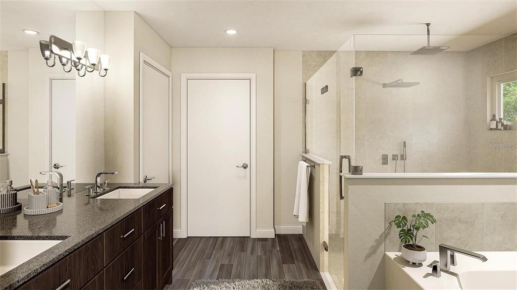 This rendering shows a modern bathroom with a dark wood vanity, glass shower, and bathtub — 1331 WATER OAK ROAD, BUNNELL, FL