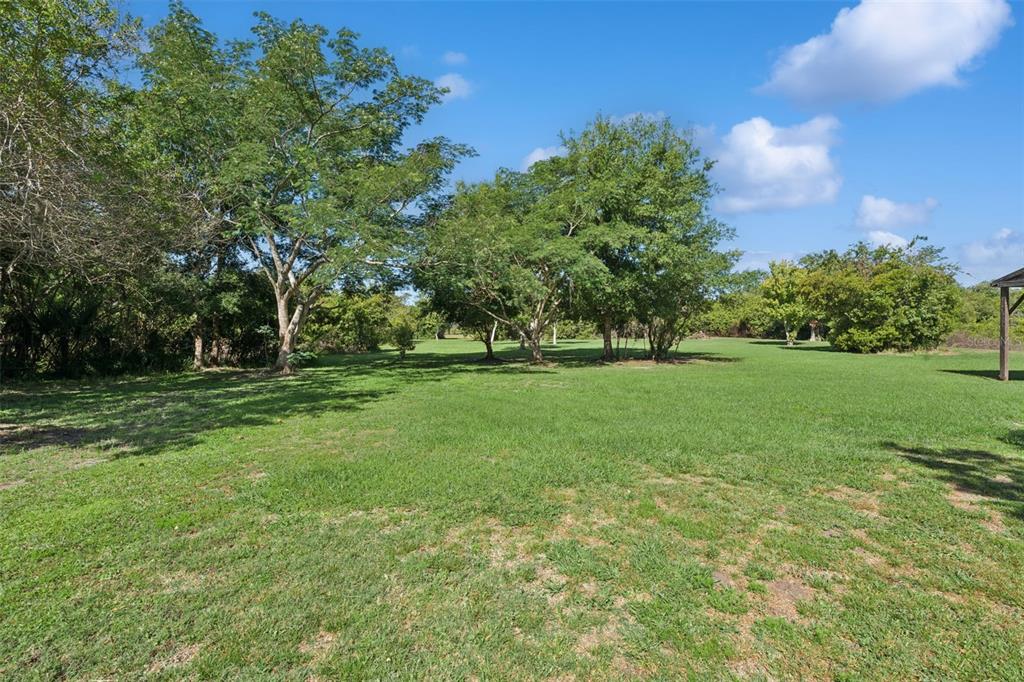A large, grassy backyard features several mature trees under a bright blue sky — 1235 HACKNEY ROAD, ST CLOUD, FL
