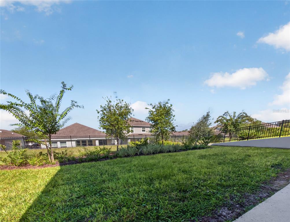 A grassy backyard features a black metal fence, young trees, and neighboring houses under a sky — 1283 DORA PARC LANE, MOUNT DORA, FL