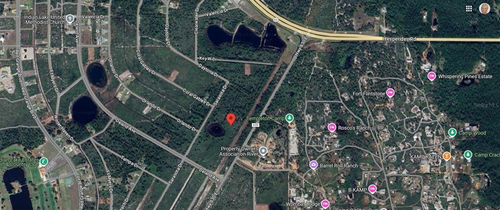 This is a satellite map view of a wooded area with residential streets and landmarks — CR-630, FROSTPROOF, FL