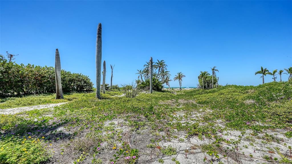 A sandy path leads through coastal vegetation toward the ocean under a clear blue sky — 6441 GULFSIDE ROAD, LONGBOAT KEY, FL