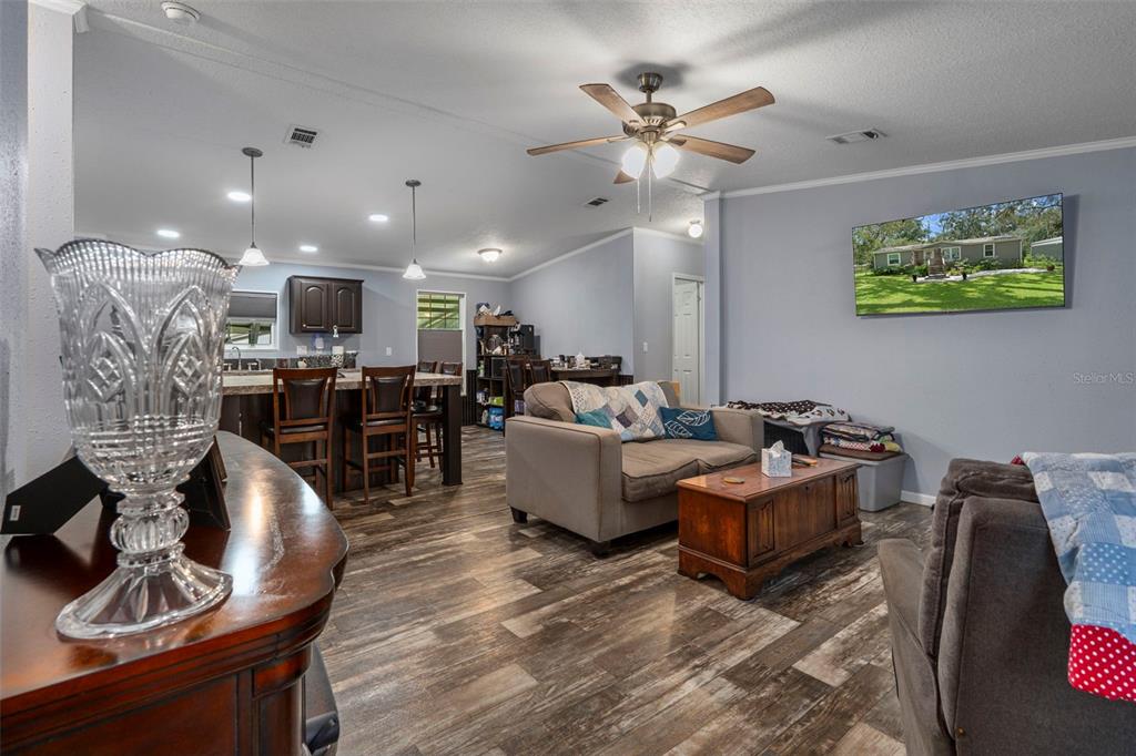 A living room and kitchen area with wood-look flooring, a ceiling fan, and a television — 9028 WEST STREET, BROOKSVILLE, FL