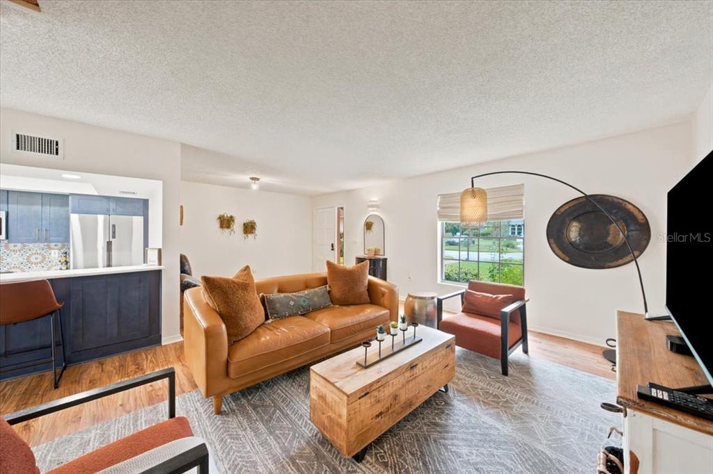 A living room features a brown sofa, wooden coffee table, and blue kitchen cabinetry — 5444 SADDLEBROOK WAY UNIT 2, WESLEY CHAPEL, FL
