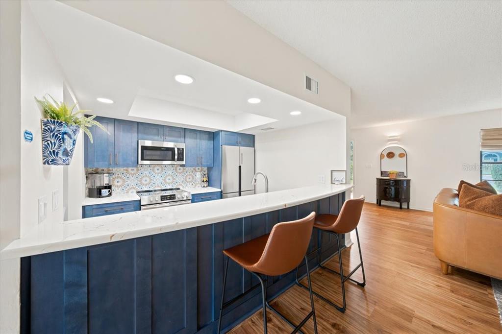 A kitchen with blue cabinets, a white countertop, and two brown bar stools — 5444 SADDLEBROOK WAY UNIT 2, WESLEY CHAPEL, FL
