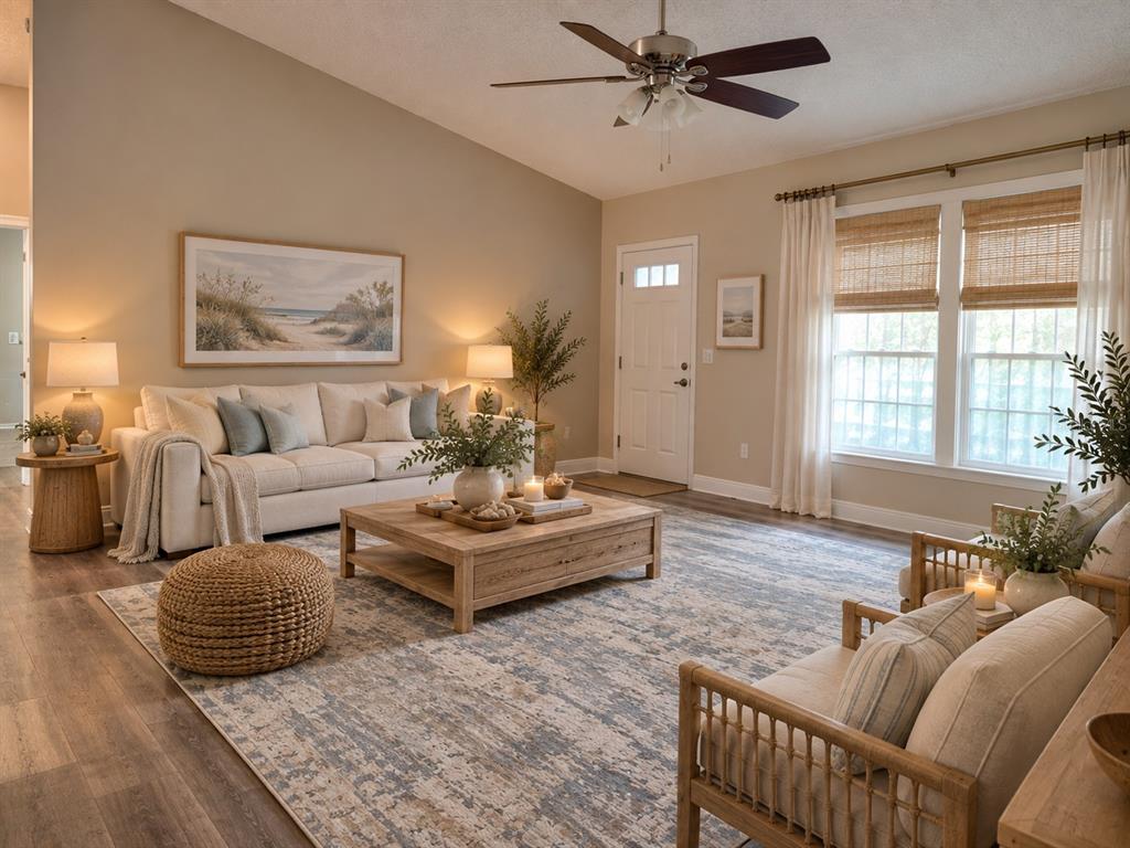 A kitchen with white cabinets, black countertops, and stainless steel appliances opens to a living area — 6374 W RIO GRANDE DRIVE, BEVERLY HILLS, FL
