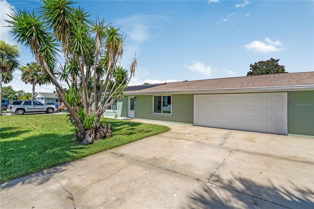 A single-story house with a green exterior, a white garage door, and a palm tree — 988 SHOCKNEY DRIVE, ORMOND BEACH, FL