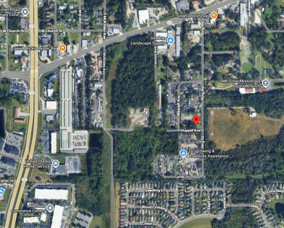This is a satellite map view of a residential and commercial area — 434 RING ROAD, ORLANDO, FL
