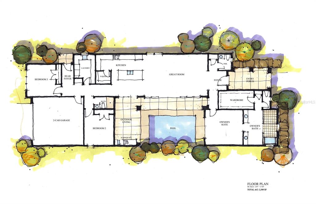 This is a hand-drawn architectural floor plan for a house featuring a pool and garage — 630 W 11TH AVENUE, MOUNT DORA, FL
