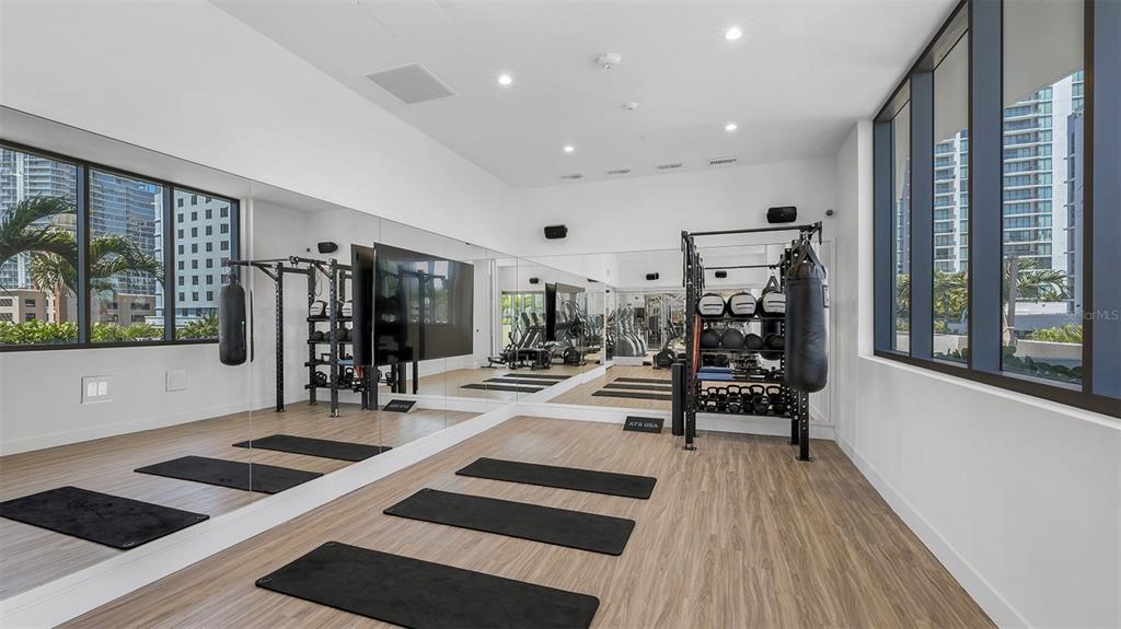 A modern gym features wood-look flooring, mirrored walls, a squat rack, and large windows — 225 1ST AVENUE N UNIT A2, ST PETERSBURG, FL