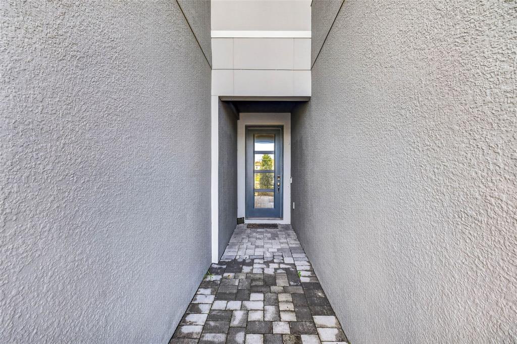 A narrow outdoor entryway features gray stucco walls and a paved stone walkway leading to a door — 4116 CLOUD HOPPER WAY, LUTZ, FL
