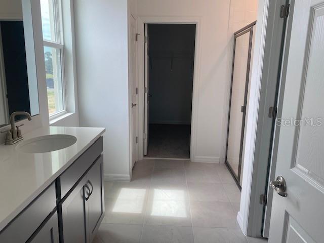 A bathroom features a dark vanity with a white countertop, a walk-in closet, and shower — 27329 AFRICAN FISH COURT, HOWEY IN THE HILLS, FL