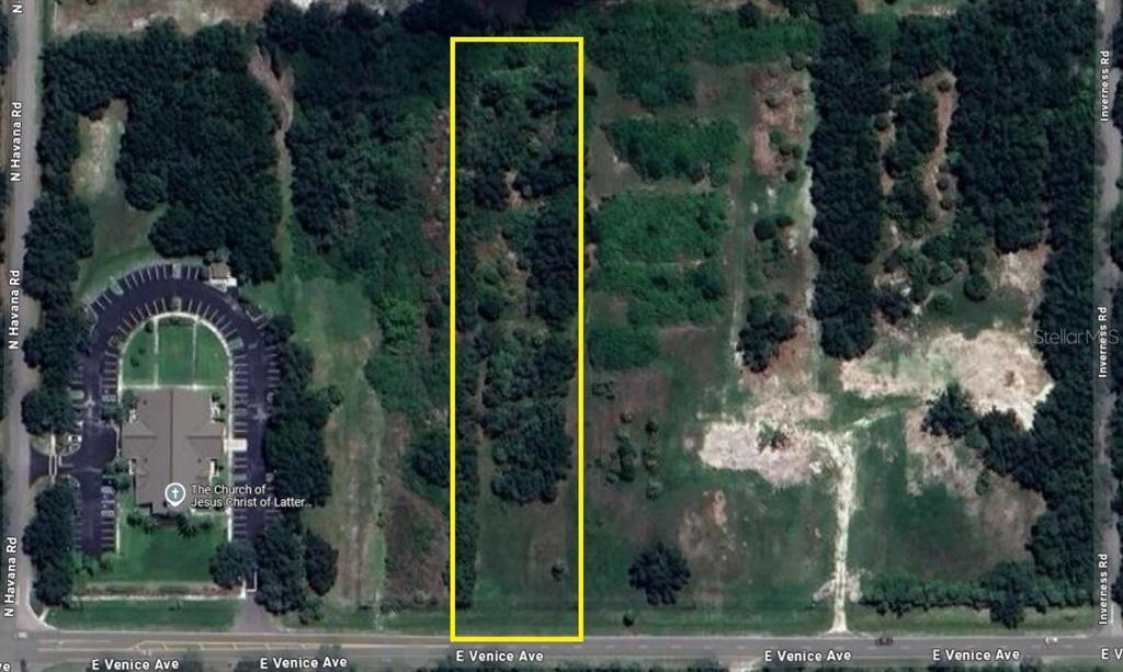 An aerial map view shows a rectangular, tree-covered lot outlined in yellow along a road — E VENICE AVENUE, VENICE, FL