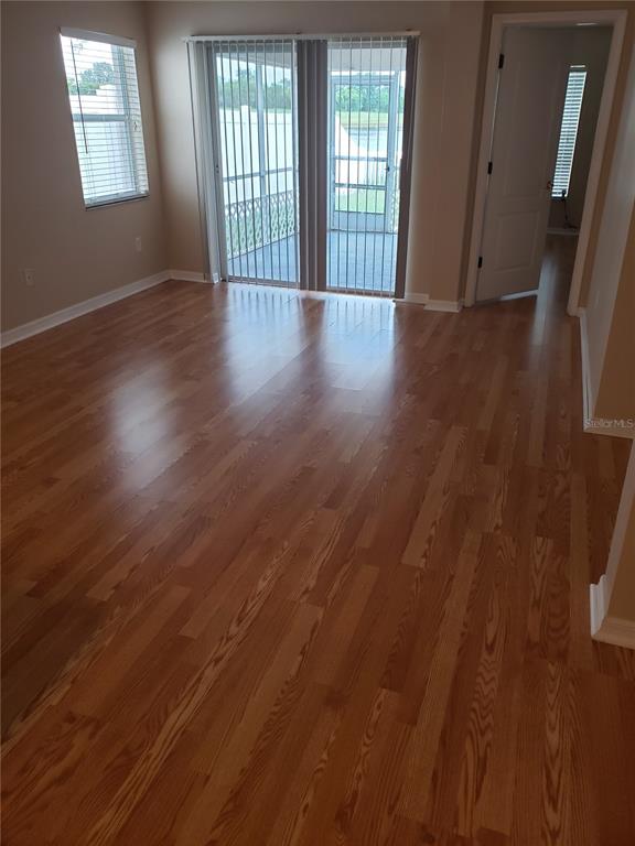 An empty room with wood-look flooring, vertical blinds on sliding glass doors, and a doorway — 31316 TRIBOROUGH DRIVE, WESLEY CHAPEL, FL