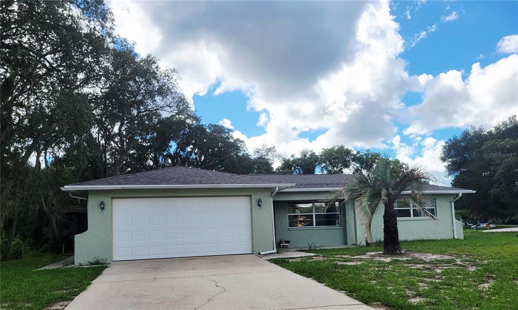 A light green single-story house with a tan garage door and a palm tree — 9022 LINGROVE ROAD, WEEKI WACHEE, FL