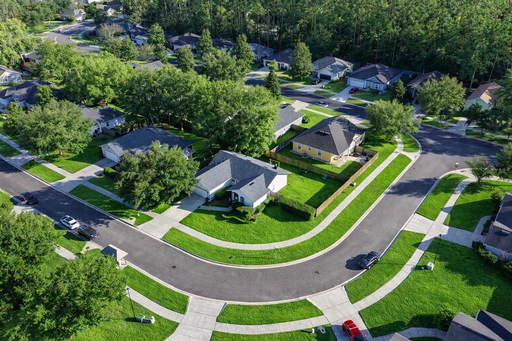 An aerial view shows suburban houses with driveways and lawns along a curved residential street — 14271 NW 10TH ROAD, NEWBERRY, FL