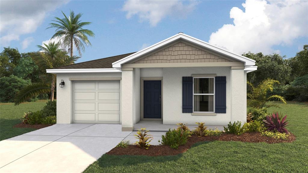 A digital rendering of a single-story house with a garage, front porch, and blue door — 17926 WHEAT STACK COURT, PARRISH, FL