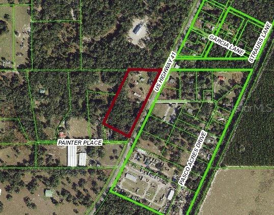 This is an aerial map showing a property outlined in red along a highway — 17201 US HIGHWAY 41, SPRING HILL, FL