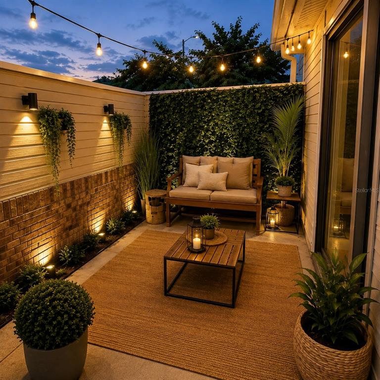 A small outdoor patio features a wooden bench, a coffee table, and string lighting — 3111 RIO GRANDE TRAIL, KISSIMMEE, FL