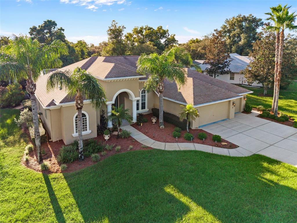 An aerial view of a tan, single-story suburban house with a palm-lined front yard — 409 SILAS COURT, SPRING HILL, FL
