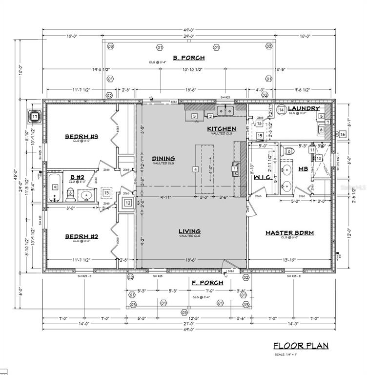 This is a floor plan for a house featuring three bedrooms, a porch, and an open-concept living area — 14973 NW 304TH STREET, OKEECHOBEE, FL