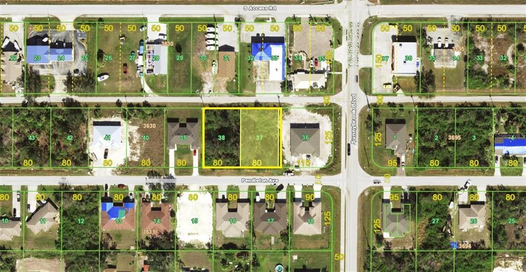 This is an aerial map showing residential lots and houses along Pendleton Avenue and Sunnybrook Boulevard — 10506 PENDLETON AVENUE, ENGLEWOOD, FL